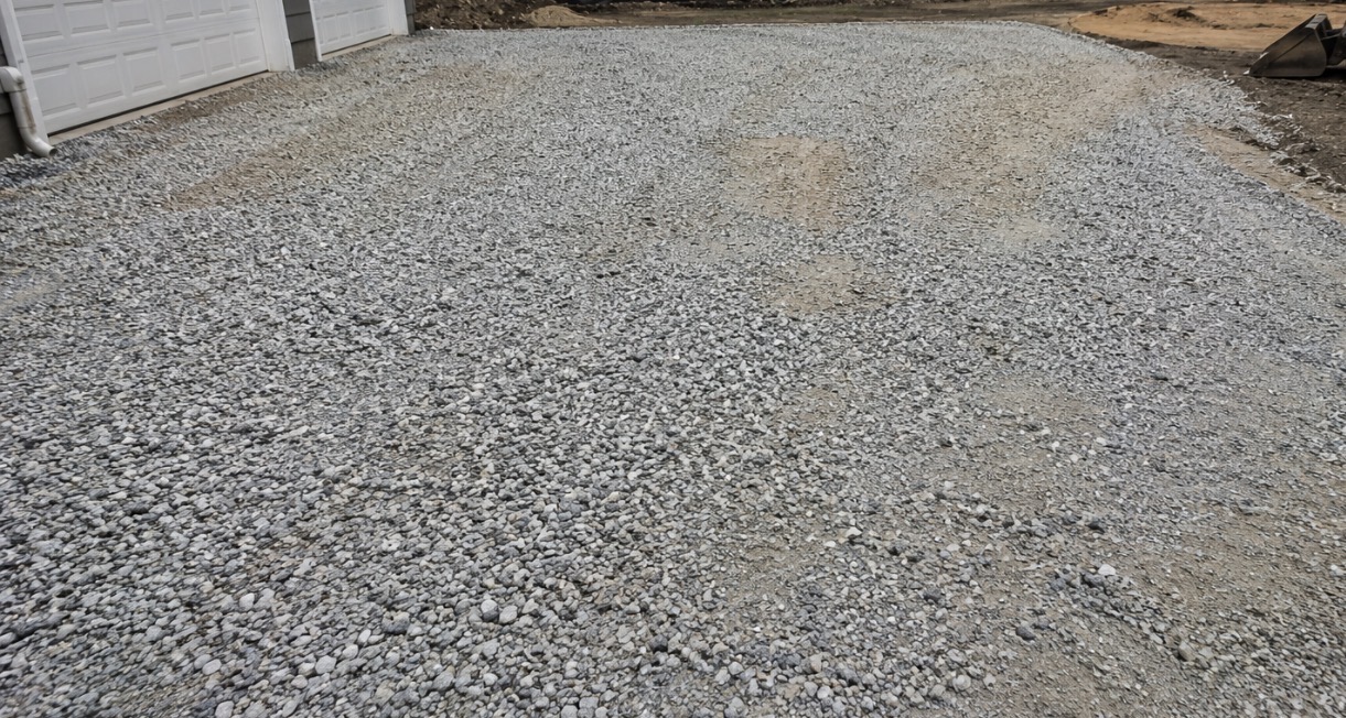 Compacted gravel base prep for new driveway