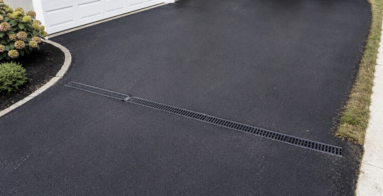 Trench drain installed in asphalt driveway